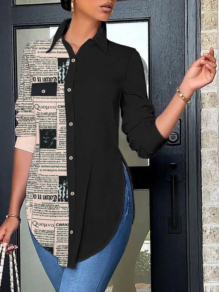 Fashion Print Button Shirts Top For Women 2022 Autumn Long Sleeves Casual Office Elegant Lady Slim Shirt Clothes Irregular Tops Natalia Home Fashion letter-1-M Natalia Home Fashion