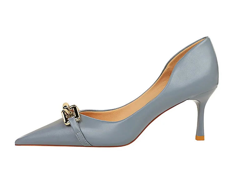 Elegant Women Pumps Metal Button Kitten Heels Women Shoes Stiletto Banquet Shoes Pointed High Heels
