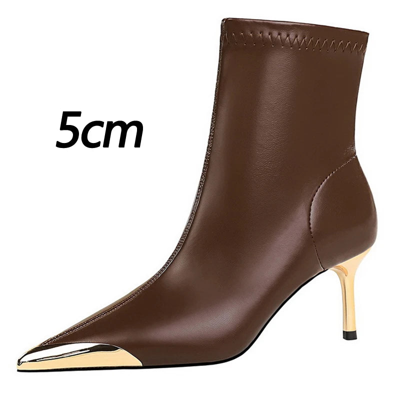 Boots Metal Pointed tip Women Boots Fashion Leather Boots High Heels Stilettos New Women Ankle Boots