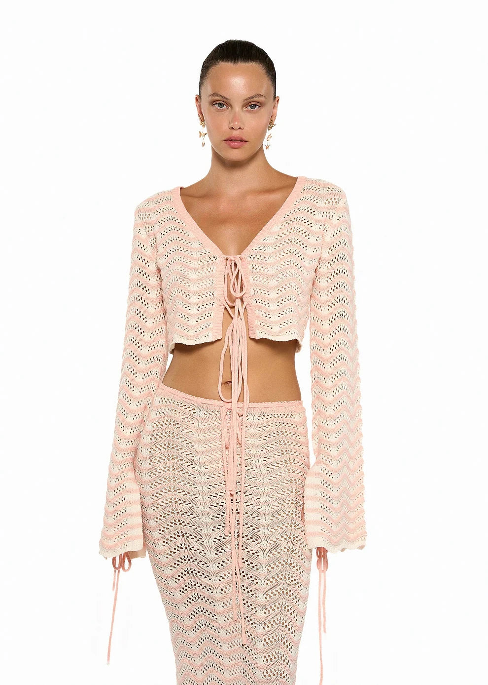 Sexy Knit V-neck Long Sleeve Lace-up Top Beach Half Skirt Two-piece Summer Women's Casual Outfit Swimsuit Cover Up Set