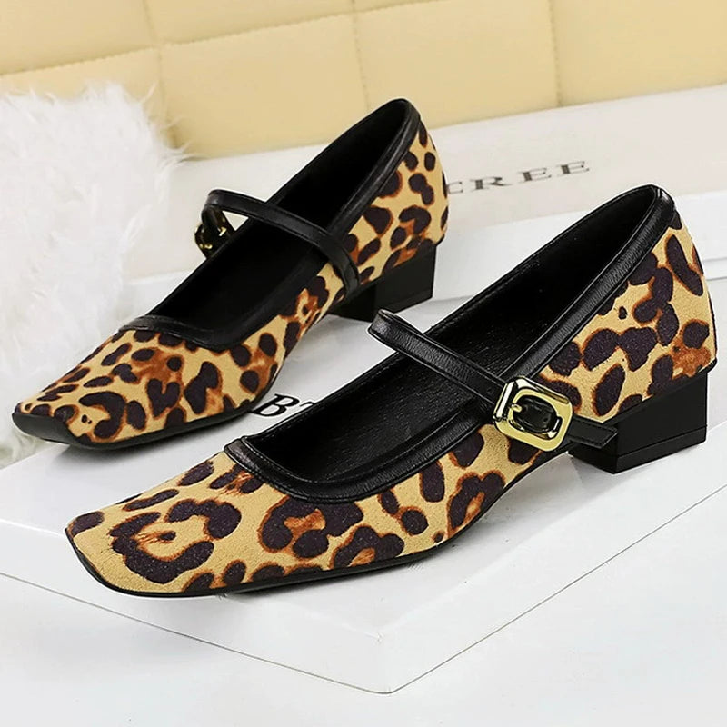 Heels Women Vintage Mary Jane shoes Metal leopard print square head Women Pumps Low heel high heels Suede