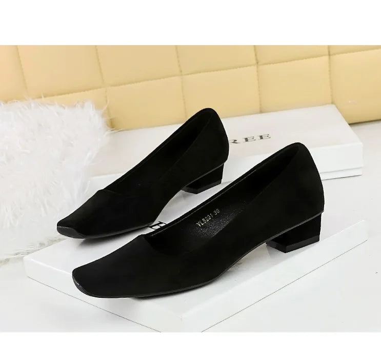 Women Fashion Style Quality Square Toe Low Heel Pumps Lady Prom Suede Shallow Mouth Thick High OL Single Shoes
