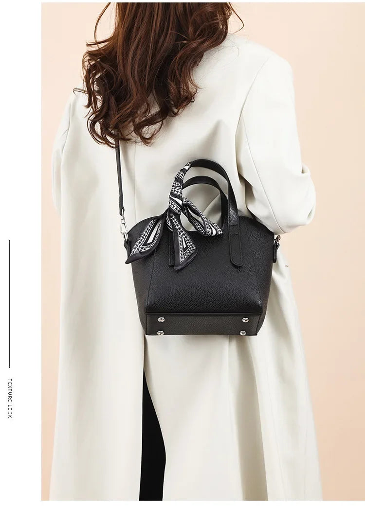 Pure Leather Cowhide Single Shoulder Crossbody Bag Ladies Handbag Fashion Bucket Bag Simple Basket Comes with Scarf