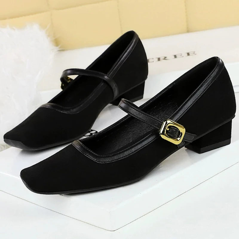 Heels Women Vintage Mary Jane shoes Metal leopard print square head Women Pumps Low heel high heels Suede