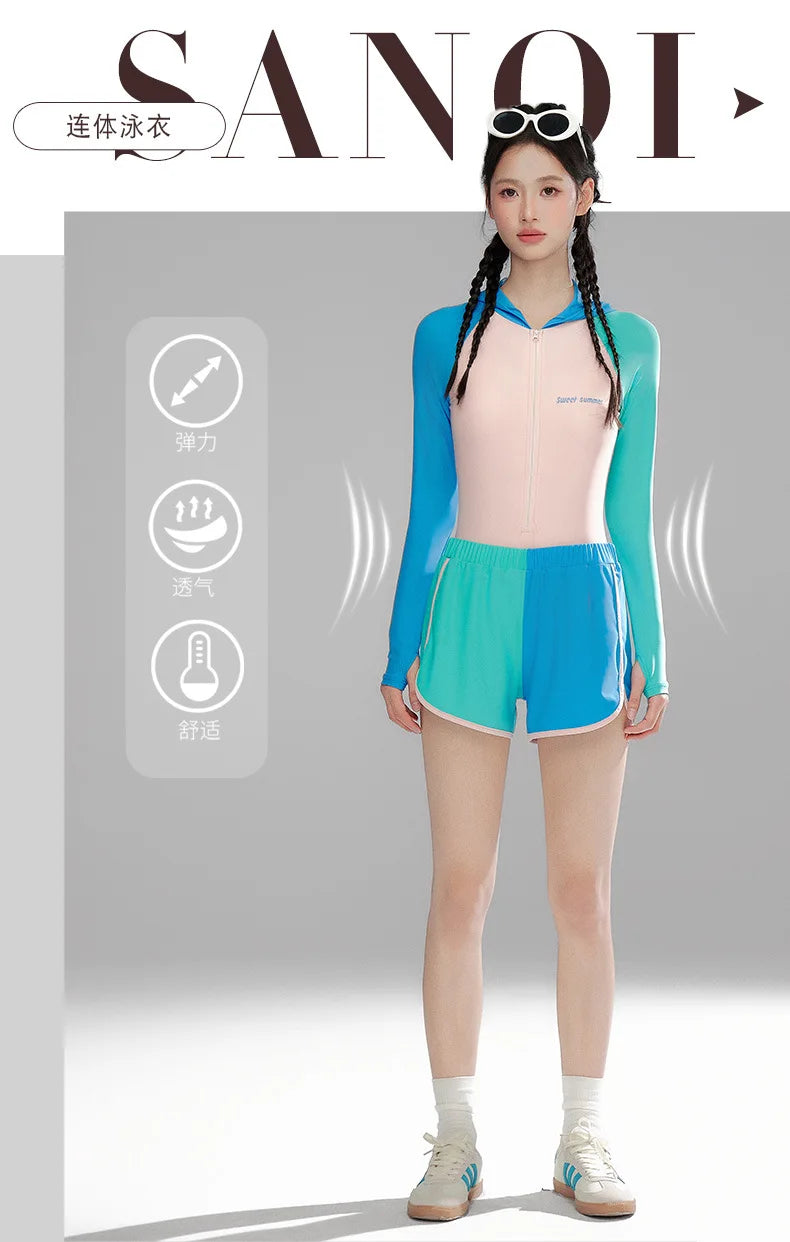 Women Long Sleeve Water Sports Outdoor Bathing Push Up Swim Wear Hooded Female Front Zipper Beach Athletic Surfing Swim Suit