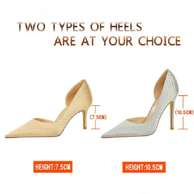 Shoes Woman Pumps Pointed Toe Shallow High Heels Snakeskin Satin Thin Heel Sandals Stiletto Party Shoes