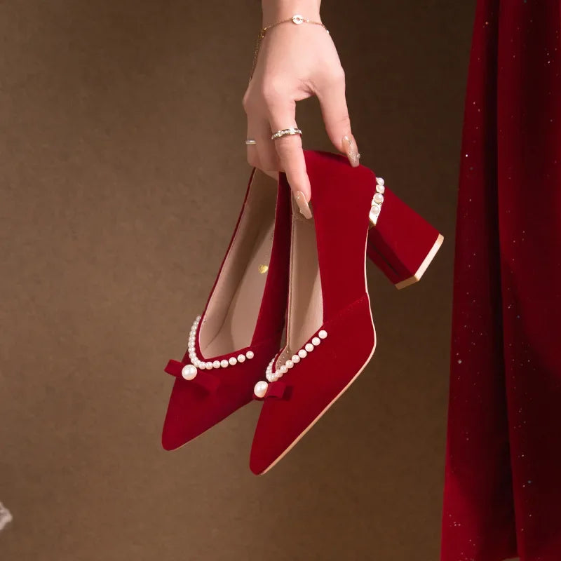 Women's Chunky Heel Pointed Toe Slip-On Shoes Wedding Dress Two-Way Wear Pearl Red Bridal Shoes Spring Autumn New Style