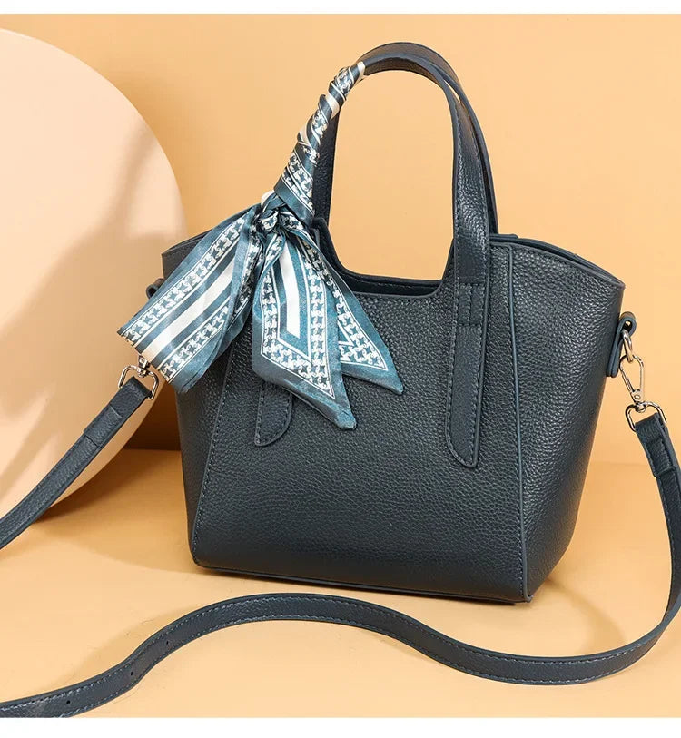 Pure Leather Cowhide Single Shoulder Crossbody Bag Ladies Handbag Fashion Bucket Bag Simple Basket Comes with Scarf