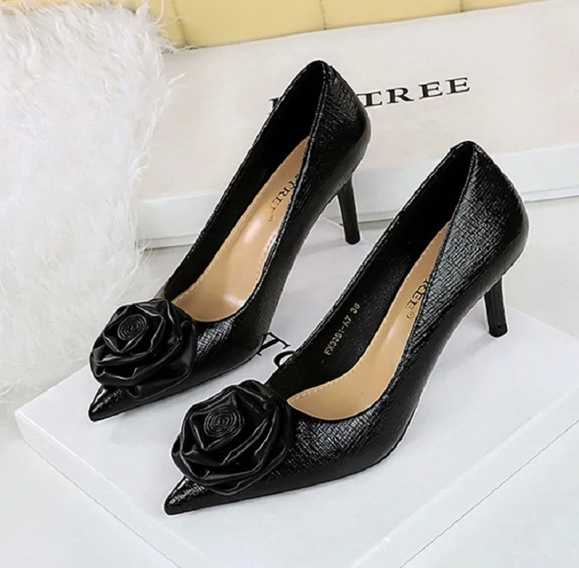 Patent Leather Flowers Women Pumps Sexy Pointed Toe Thin Low Heels Wedding Elegant Party Shoes Natalia Home Fashion Natalia Home Fashion