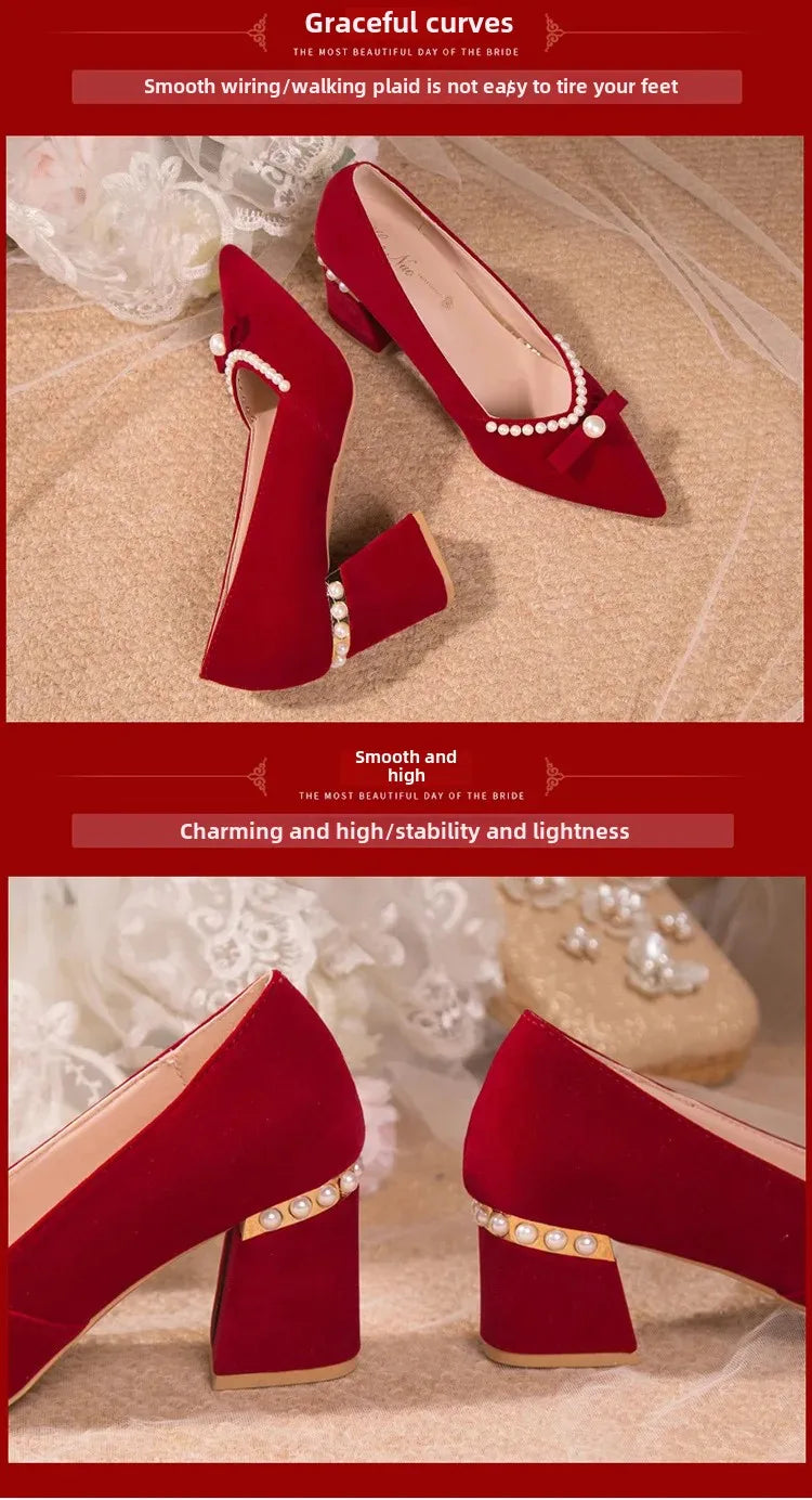 Women's Chunky Heel Pointed Toe Slip-On Shoes Wedding Dress Two-Way Wear Pearl Red Bridal Shoes Spring Autumn New Style