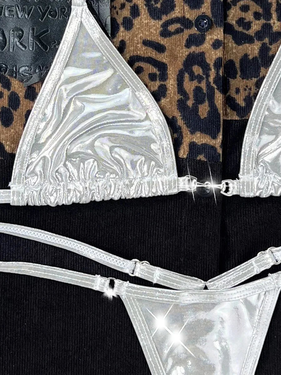 Shiny PU Leather Extreme Mini Micro String Bikini Female Swimsuit Women Swimwear Two-pieces Bikini set Halter Bathing Suit Swim