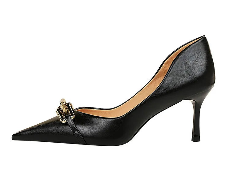 Elegant Women Pumps Metal Button Kitten Heels Women Shoes Stiletto Banquet Shoes Pointed High Heels
