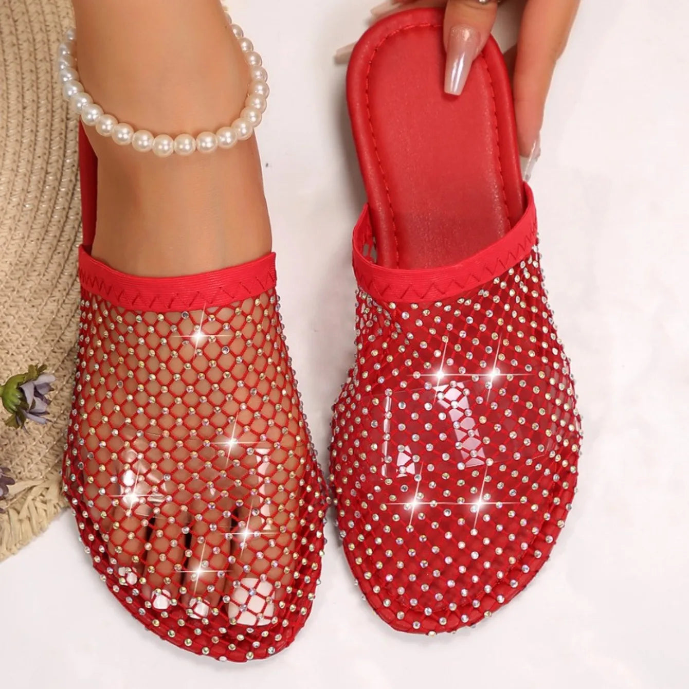 Women Slippers Summer New Round Head Slippers Water Diamond Flat Home Anti-skid Sandals Slides Women