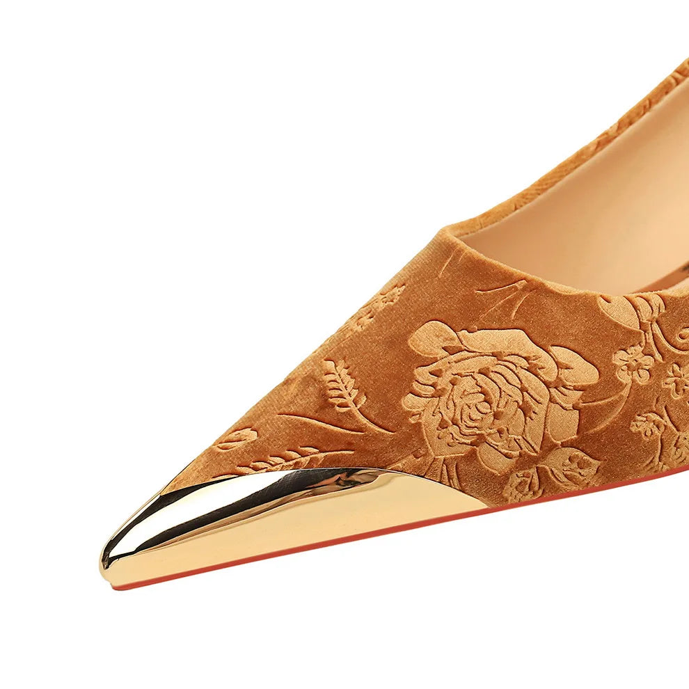Women Vintage Velvet Evening Banquet Dress Pumps Lady 9cm 4cm High Heels Temperament Pointed Toe Royal Blue green Shoes
