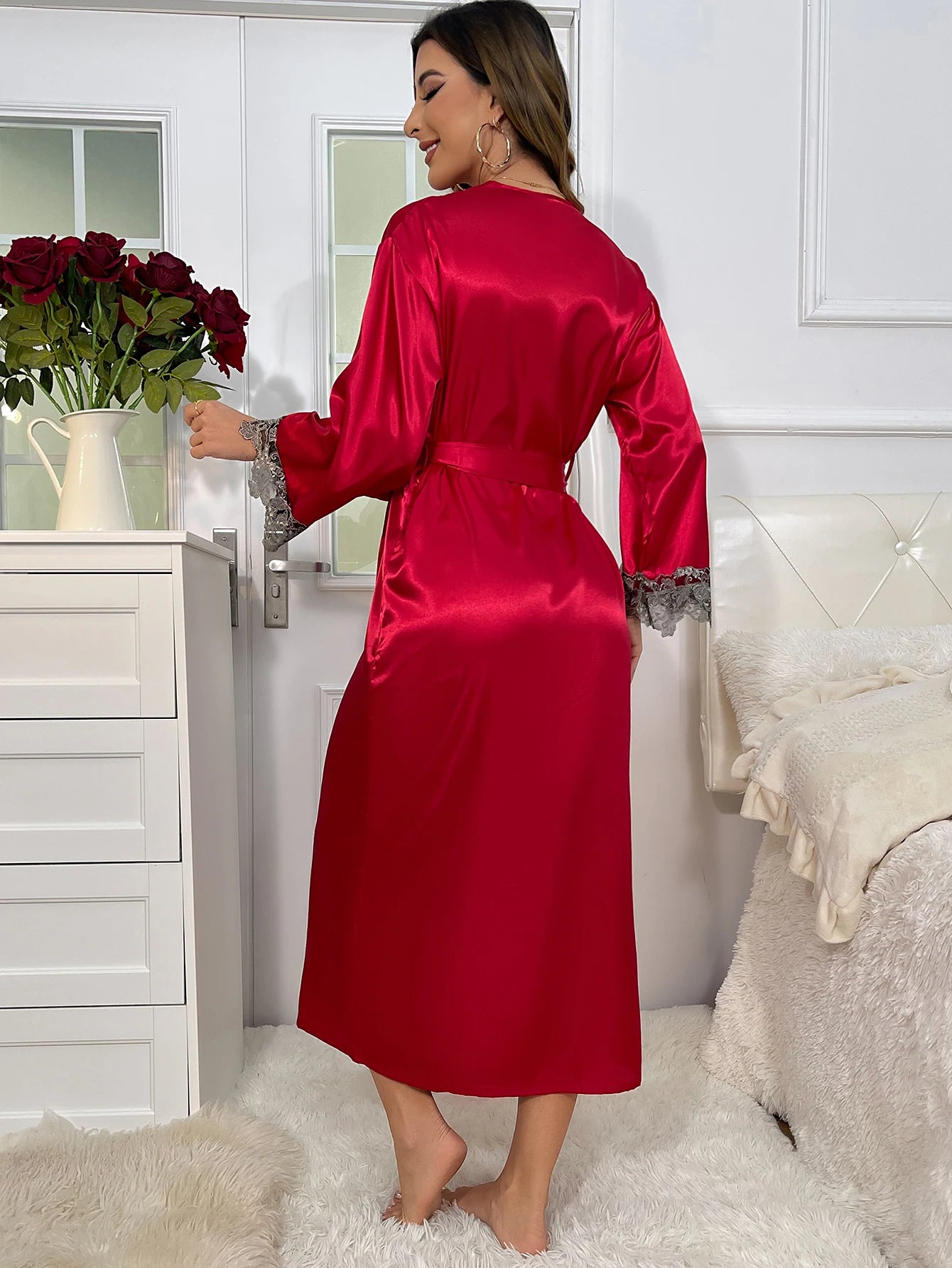 Contrast Lace Long Sleeve Belted Robe V Neck Slip Dress Sexy Elegant Women Pajamas Sets