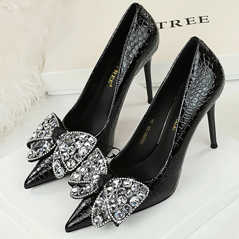 Stilettos Women Pumps Pointed Shoes Lady Heels Bowknot Design Rhinestone High Heels Female Shoes Sexy Party Shoes