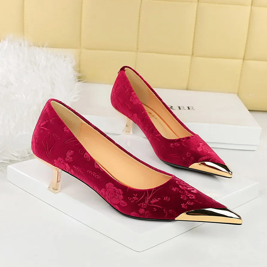 Women Vintage Velvet Evening Banquet Dress Pumps Lady 9cm 4cm High Heels Temperament Pointed Toe Royal Blue green Shoes