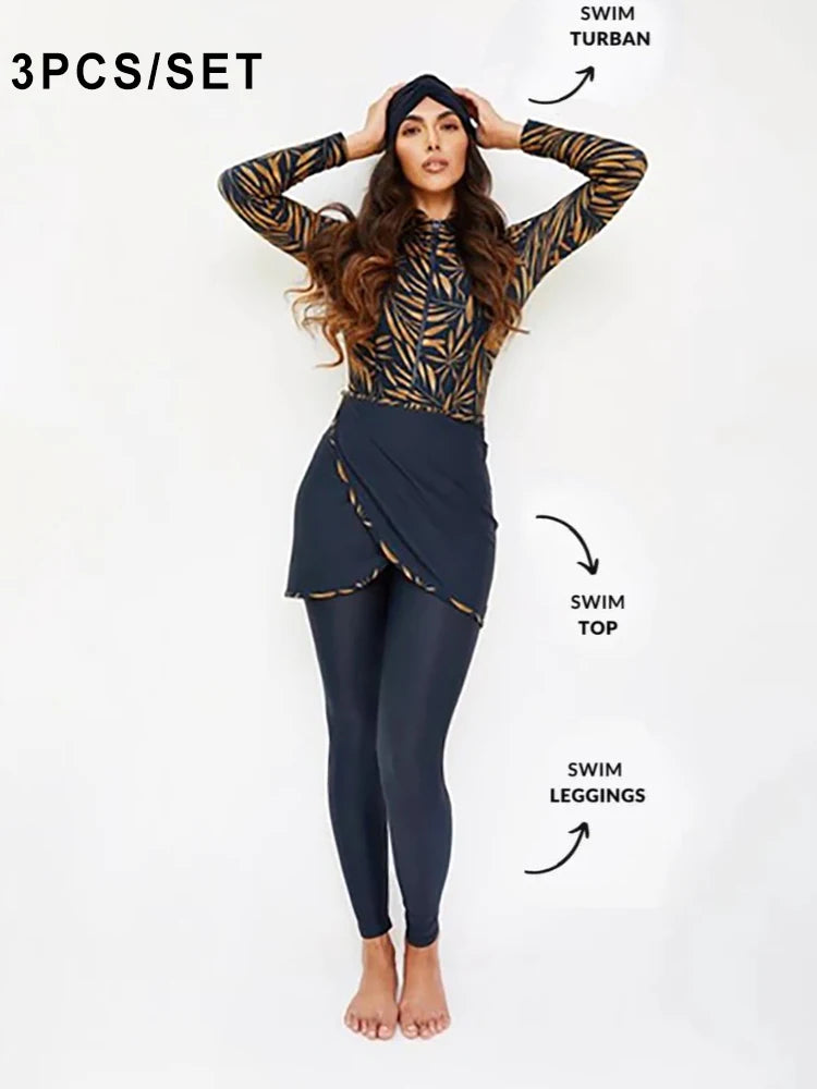 Muslim Swimwear Women Modest Patchwork Hijab Long Sleeves Sport Swimsuit 3pcs Islamic Burkinis Wear Bathing Suit