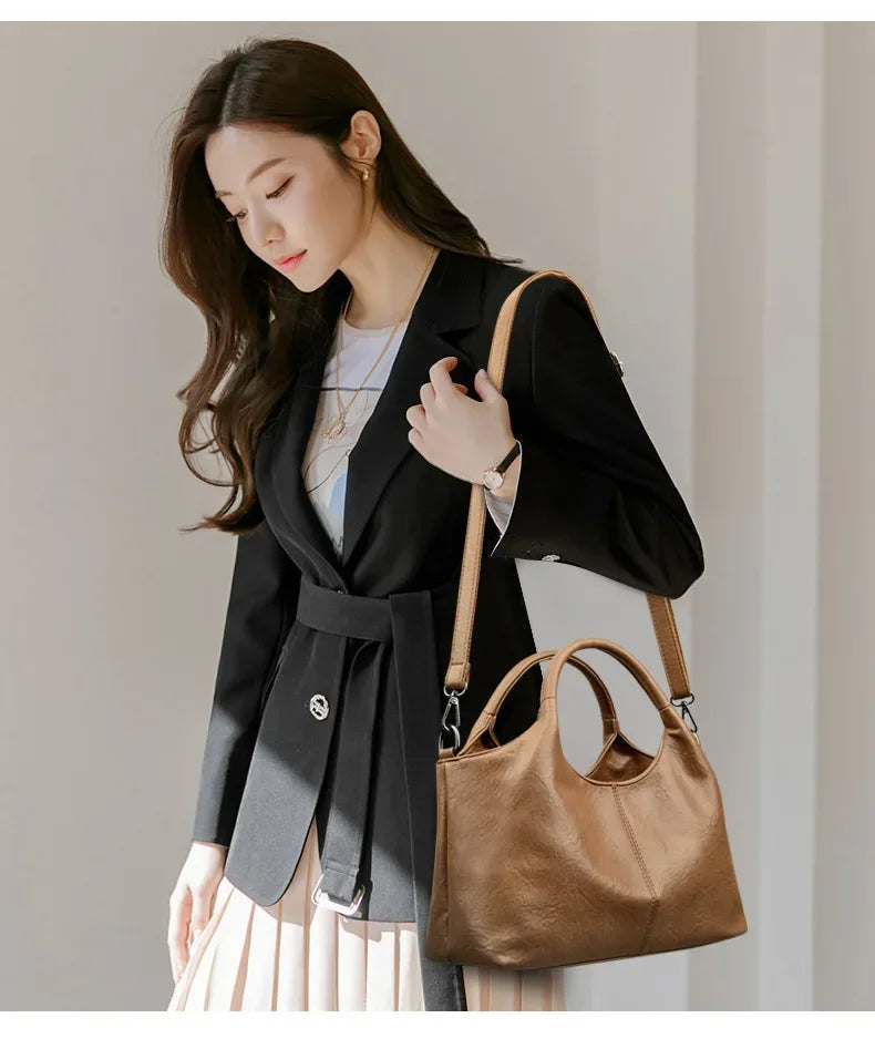 Fashionable Pure Color Basket Handbag Women's Commuter Bag Soft PU Leather Vintage Style Single Shoulder Bag with Internal Zipper