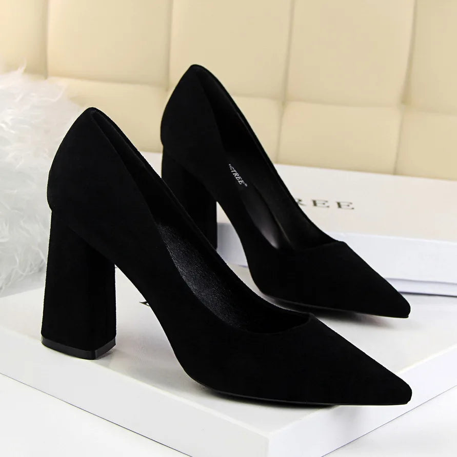 Summer Women 8.5cm High Heels Pumps Elegant Sweet Lady Wedding Block Square Middle Heels Flock Suede Nightclub Shoes