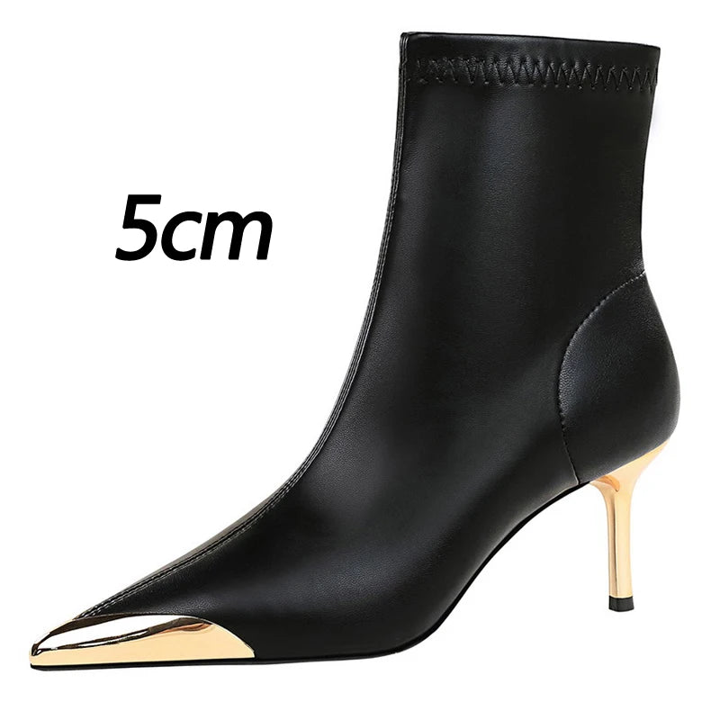 Boots Metal Pointed tip Women Boots Fashion Leather Boots High Heels Stilettos New Women Ankle Boots