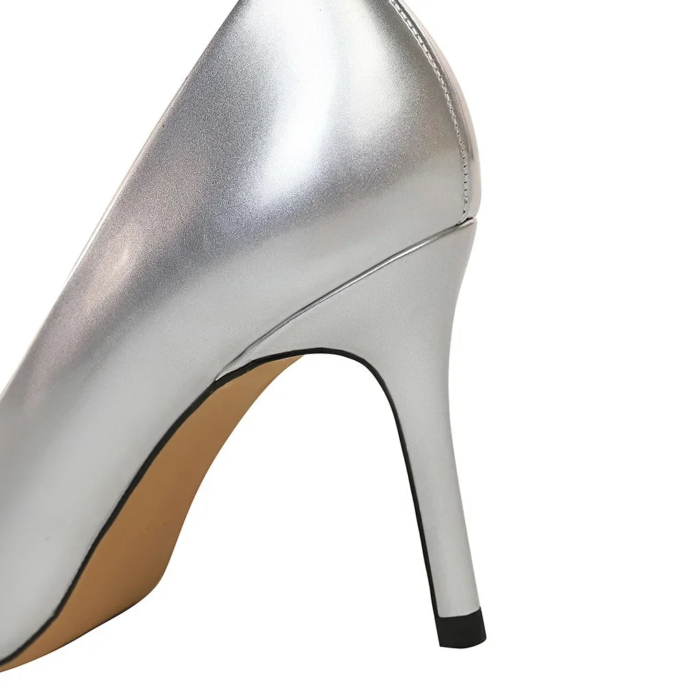 Women High Heels Scar pins Pumps Lady Glossy Leather Fetish Wedding Bridal Mid Low Heels Office Shoes