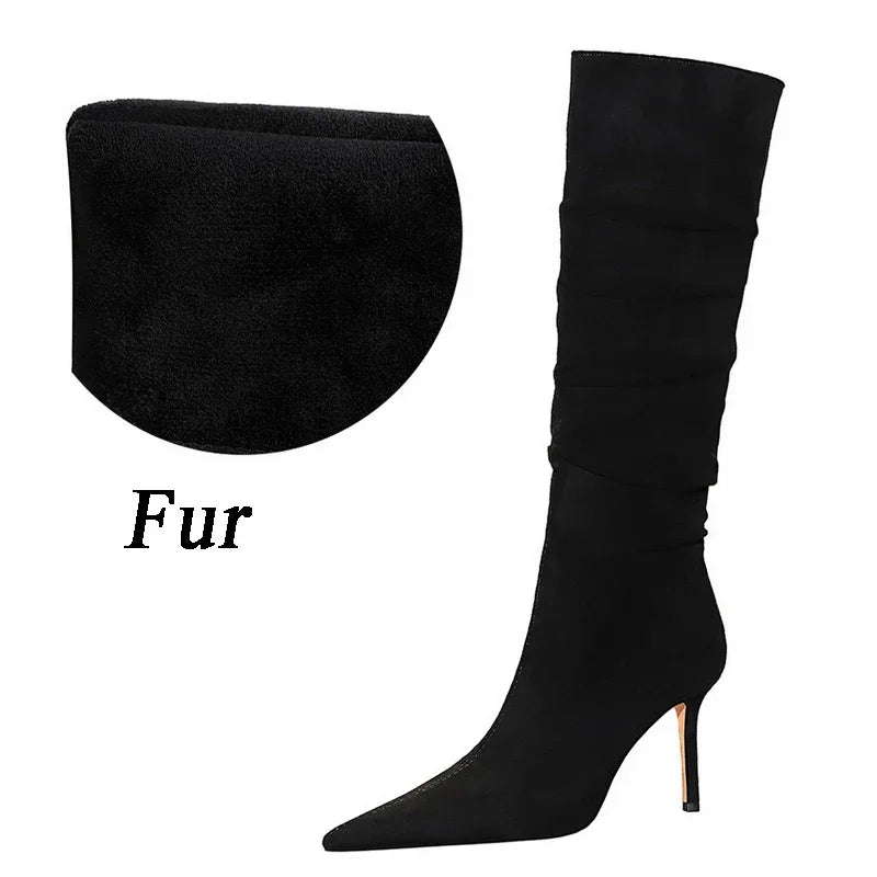 Fashion Pleated Pointed toe Knee-High Boots Thin Heels Women Ladies Shoes