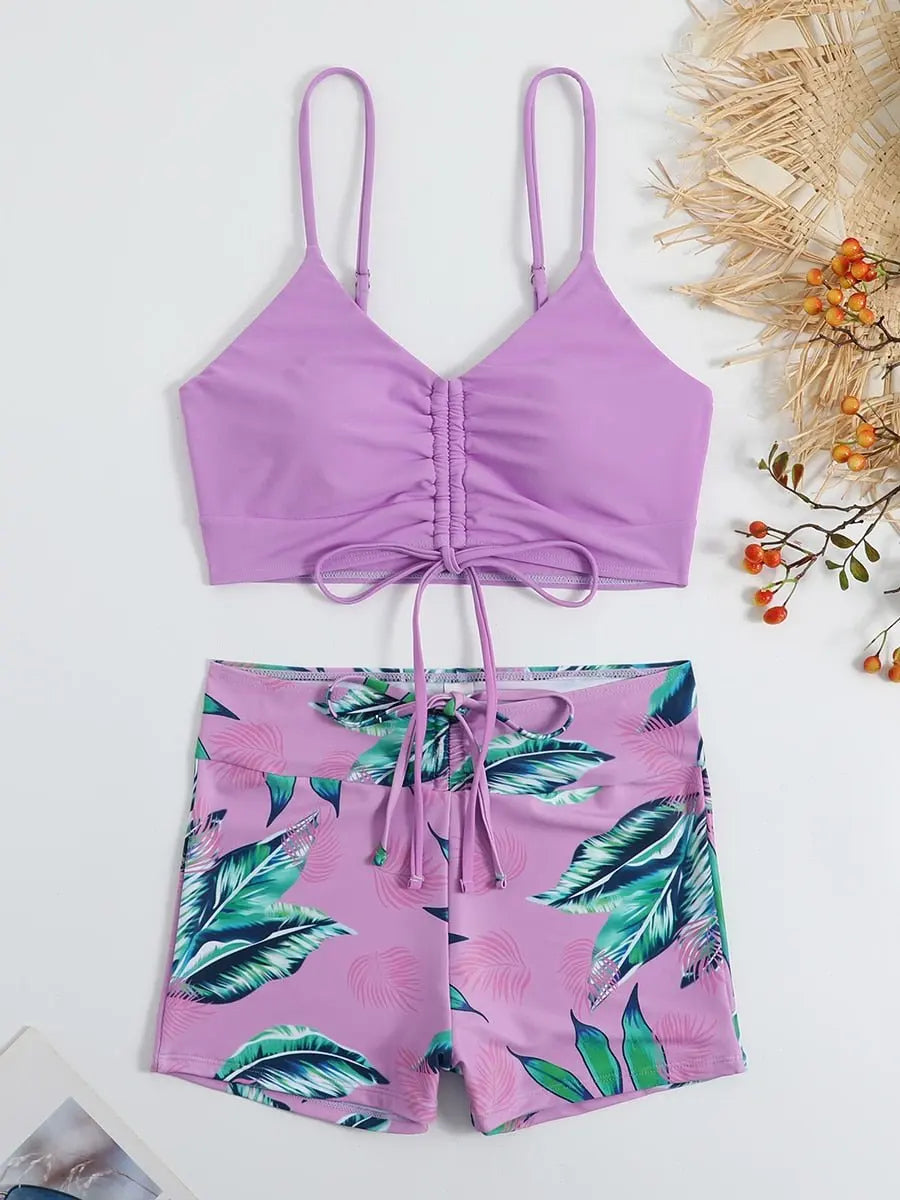 Tie Dye Bikini Drawstring Swimsuit Women High Waist Shorts Swimwear Female Padded Bathing Suit Swimming Beachwear Summer
