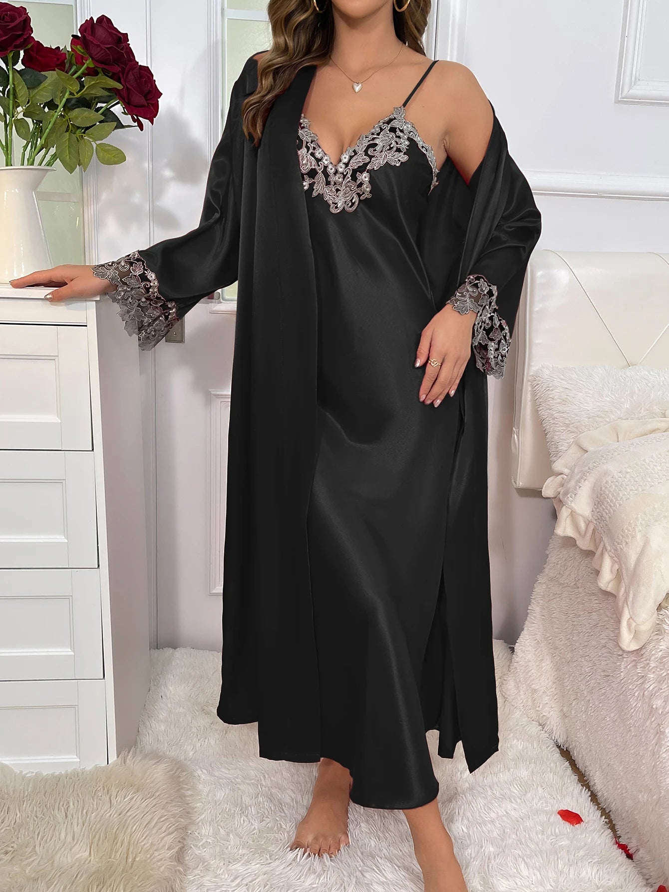 Contrast Lace Long Sleeve Belted Robe V Neck Slip Dress Sexy Elegant Women Pajamas Sets