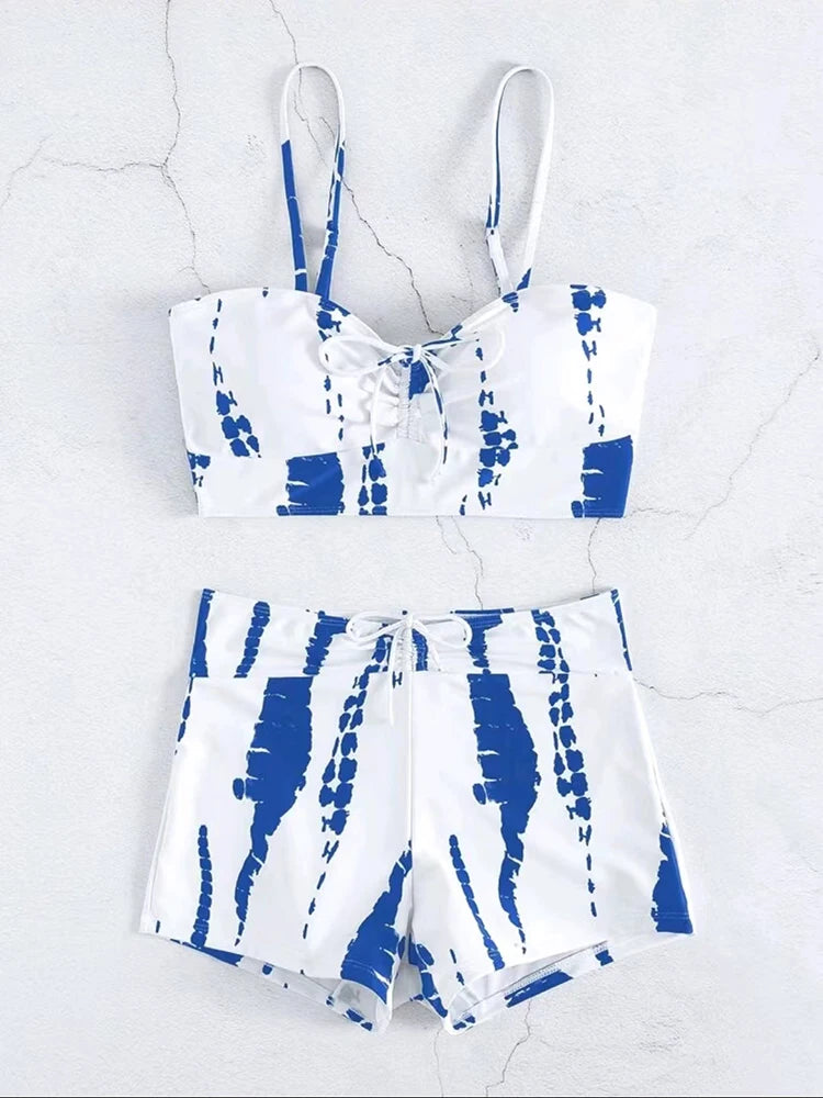Tie Dye Bikini Drawstring Swimsuit Women High Waist Shorts Swimwear Female Padded Bathing Suit Swimming Beachwear Summer