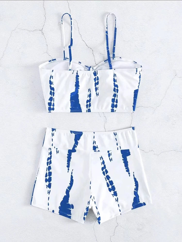Tie Dye Bikini Drawstring Swimsuit Women High Waist Shorts Swimwear Female Padded Bathing Suit Swimming Beachwear Summer