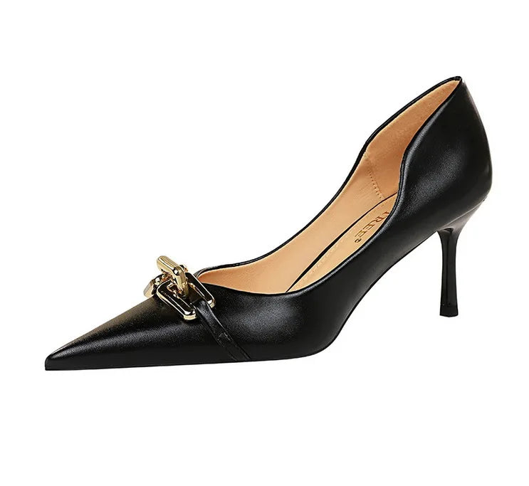 Elegant Women Pumps Metal Button Kitten Heels Women Shoes Stiletto Banquet Shoes Pointed High Heels