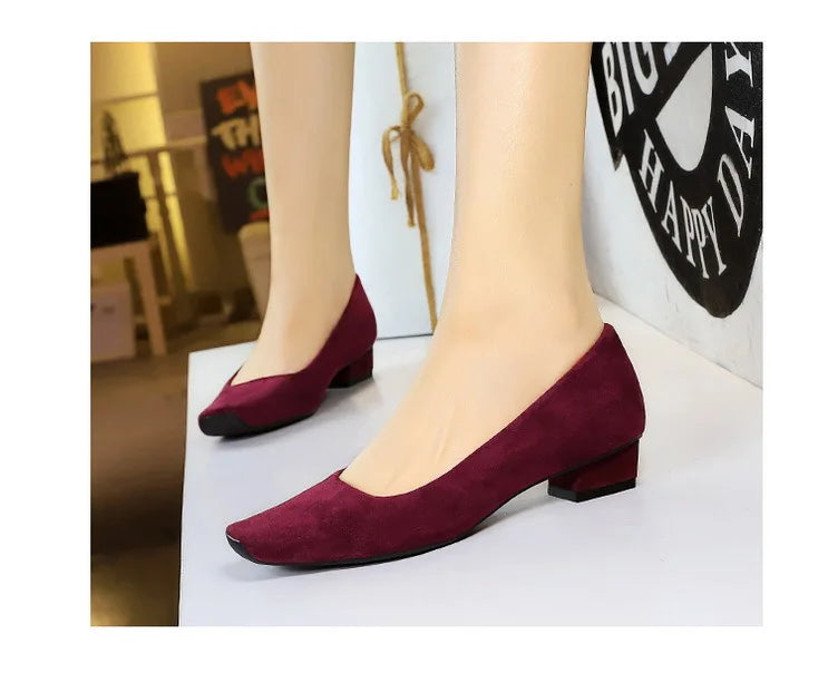 Women Fashion Style Quality Square Toe Low Heel Pumps Lady Prom Suede Shallow Mouth Thick High OL Single Shoes