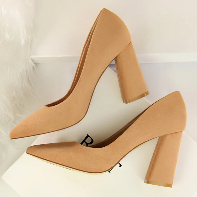 Summer Women 8.5cm High Heels Pumps Elegant Sweet Lady Wedding Block Square Middle Heels Flock Suede Nightclub Shoes