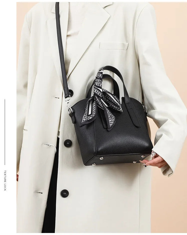 Pure Leather Cowhide Single Shoulder Crossbody Bag Ladies Handbag Fashion Bucket Bag Simple Basket Comes with Scarf