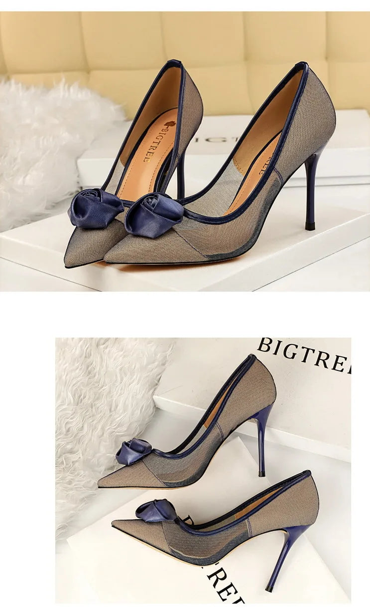 Women's Sexy Nightclub Pole Dancing Show Thin Heels High Mesh Hollowed Out Satin Rose Flower Woman Pumps