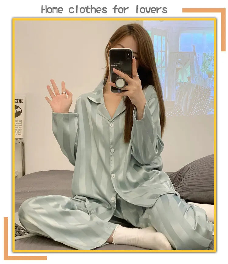 Striped Satin Pajamas Women Jacquard Loungewear Long Sleeve Trousers Two-Piece Set Solid Color Roll-Neck Cardigan Sleepwear