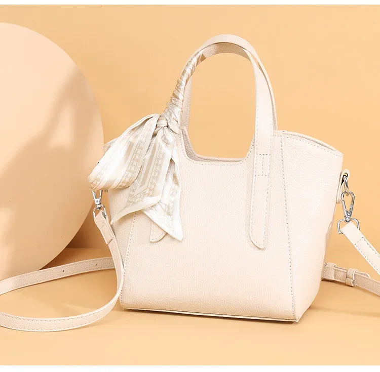 Pure Leather Cowhide Single Shoulder Crossbody Bag Ladies Handbag Fashion Bucket Bag Simple Basket Comes with Scarf