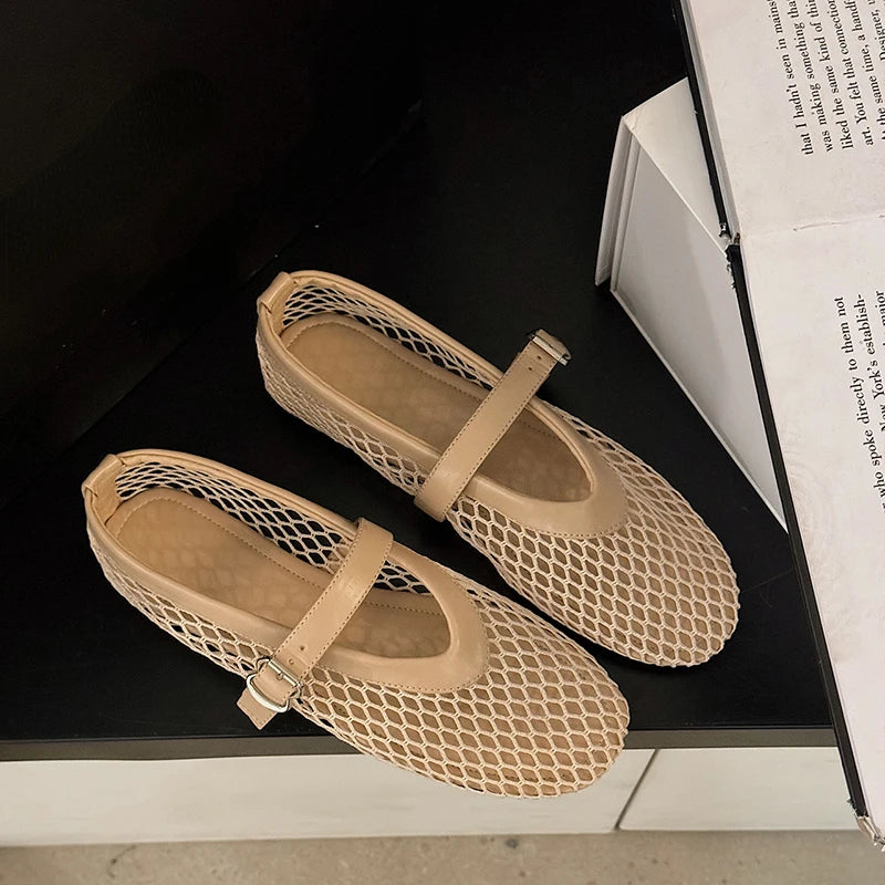 Summer, Wear Round Toe, Straight Buckles, Casual and Comfortable, Women's Flats, Cut-out Mary Jane Single Shoes, fishnet Shoes