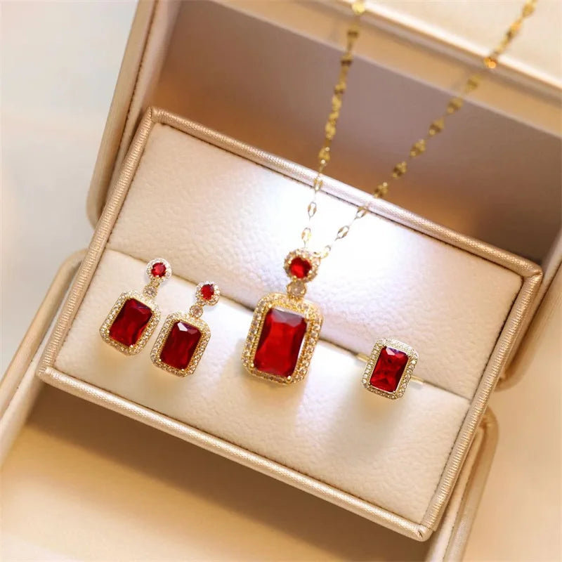 Women's Fashion Cubic Zirconia Necklace Earrings Ring Jewelry Set Girls Anniversary Wedding Valentine's Day Perfect Gift Natalia Home Fashion Natalia Home Fashion
