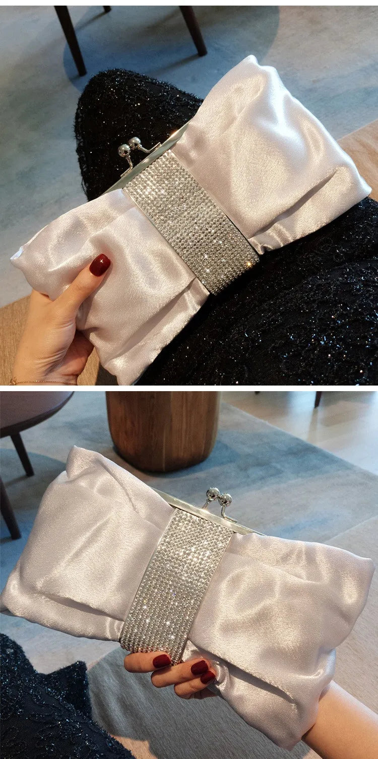 Bow women Cutch bag Luxury Party Satin Diamond Ladies Evening Bag lady Clutches small Chain messenger bags female wallet black