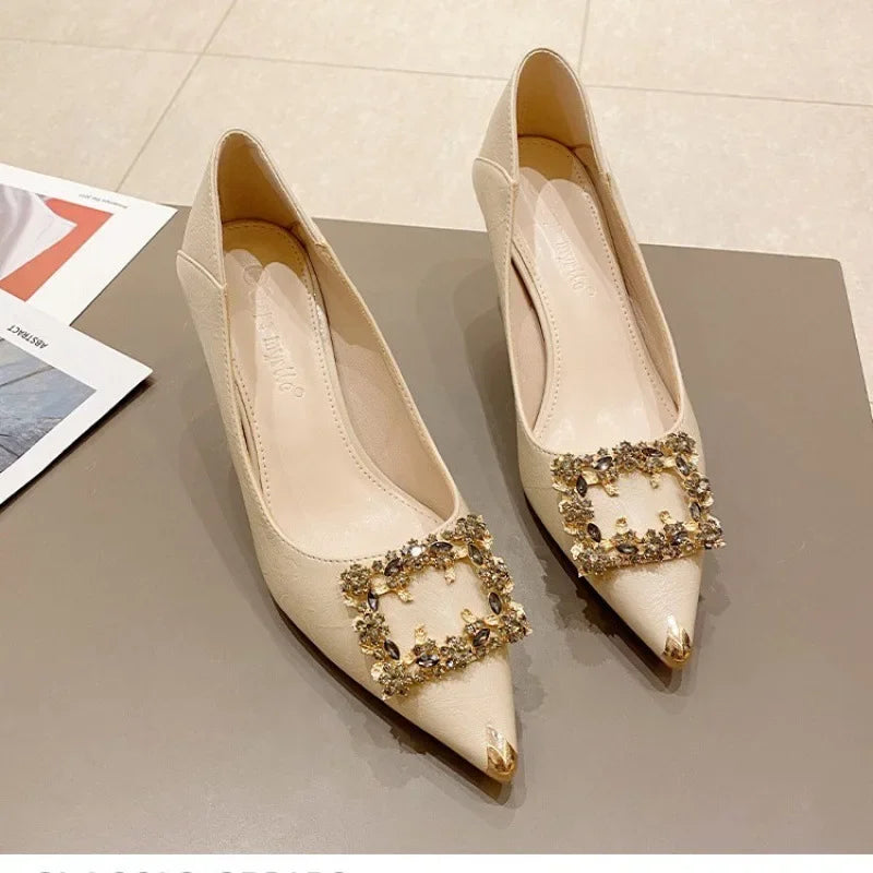 Women's High Heels Soft Leather Non-slip Fine Wedges Buckle Pointed Cat Tails French Single Shoes