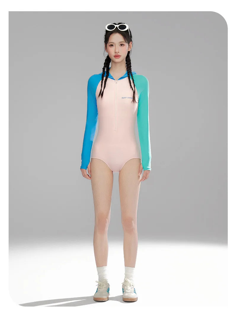 Women Long Sleeve Water Sports Outdoor Bathing Push Up Swim Wear Hooded Female Front Zipper Beach Athletic Surfing Swim Suit