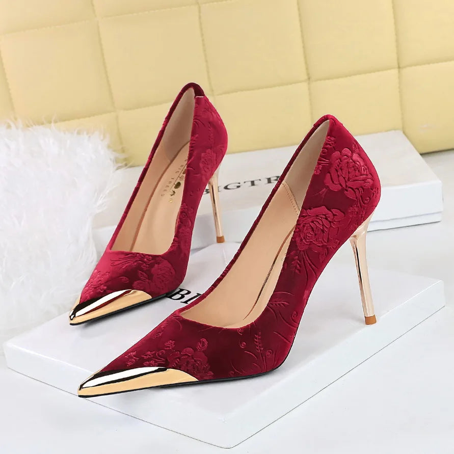 Women Vintage Velvet Evening Banquet Dress Pumps Lady 9cm 4cm High Heels Temperament Pointed Toe Royal Blue green Shoes
