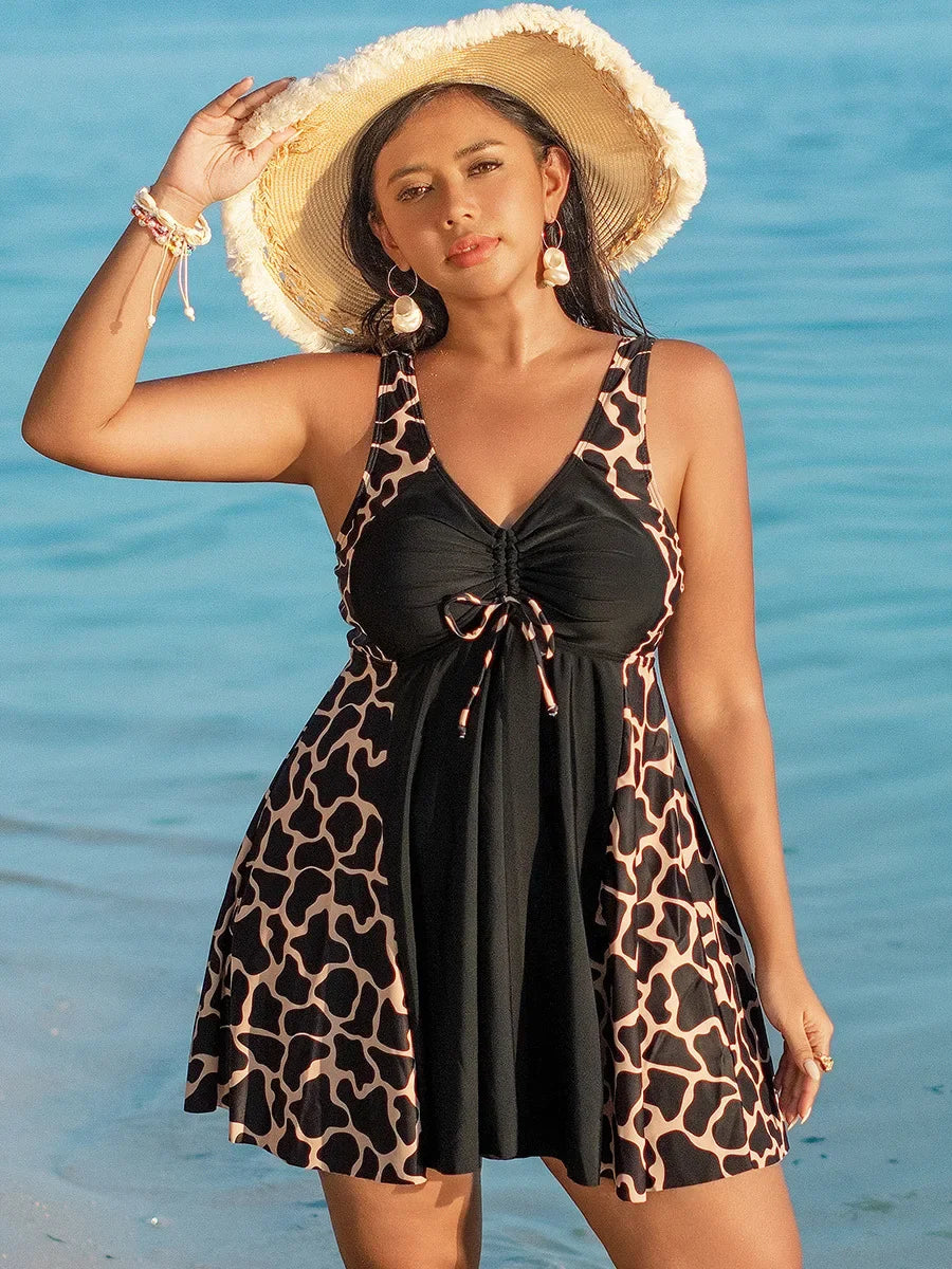 Oversize Bikini for Women Print Patchwork Dress Split Swimsuit V-neck Suspender Backless Beach Vacation Swimwear Summer