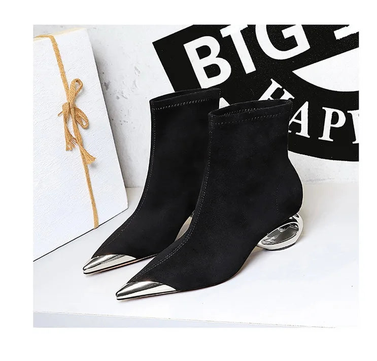 Street Style Fur Metal Hollow Heel Modern Faux Suede Short Boots for Women Metal Pointed Toe Low Heel Boots Female