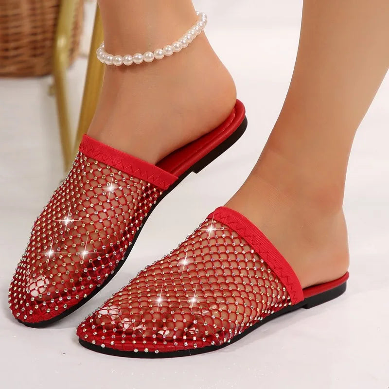 Women Slippers Summer New Round Head Slippers Water Diamond Flat Home Anti-skid Sandals Slides Women