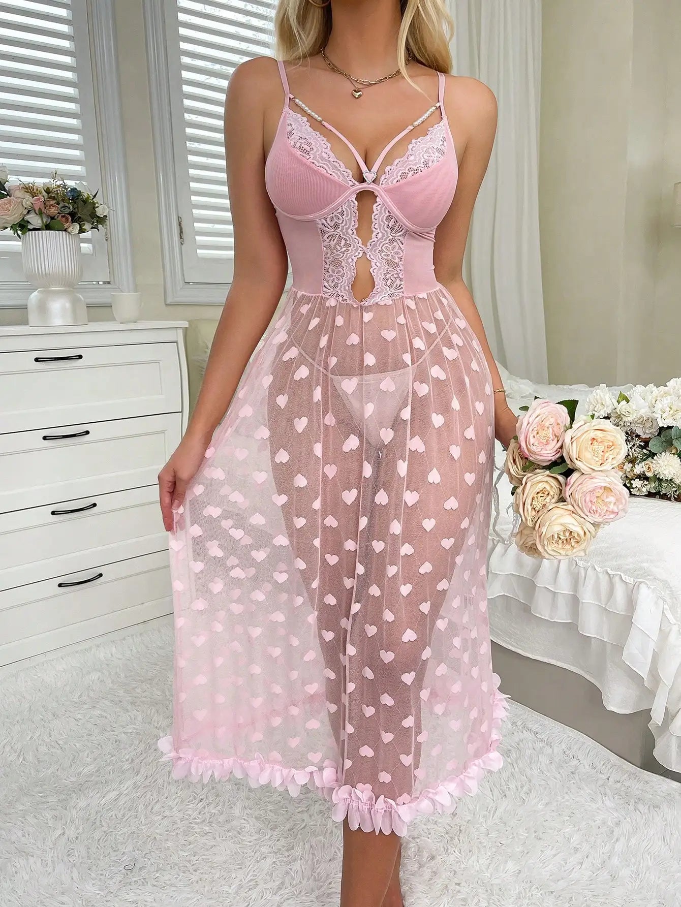 Pearl Chain Decoration, Heart Shape, Lace Sexy Pajama Night Dress Long Dress