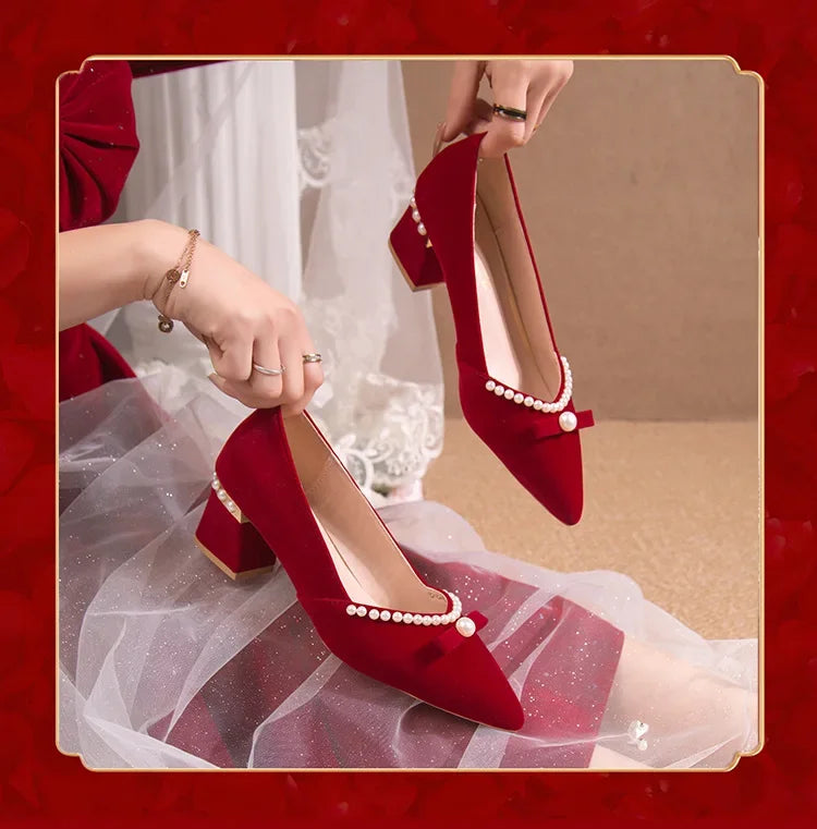 Women's Chunky Heel Pointed Toe Slip-On Shoes Wedding Dress Two-Way Wear Pearl Red Bridal Shoes Spring Autumn New Style