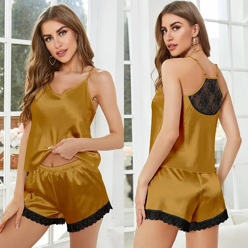 2Pcs Pajamas Sleep Set Home Clothes Women Sexy Lace Strap shorts Pajamas Suit Satin Sleepwear Nightwear Loungewear